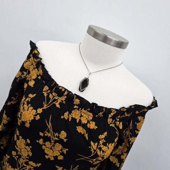 Off The Shoulder Blouse Yellow Floral Long Sleeve Top XS Boho cottagecore - Picture 8 of 13